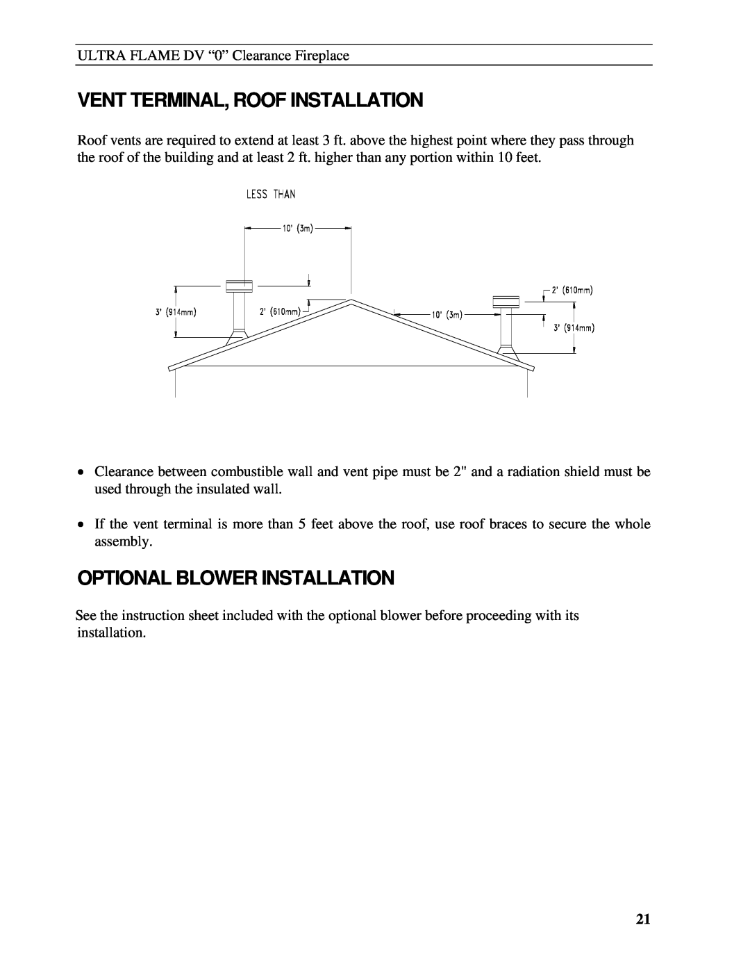 Drolet DG05437/DG05447 manual Vent Terminal, Roof Installation, Optional Blower Installation 