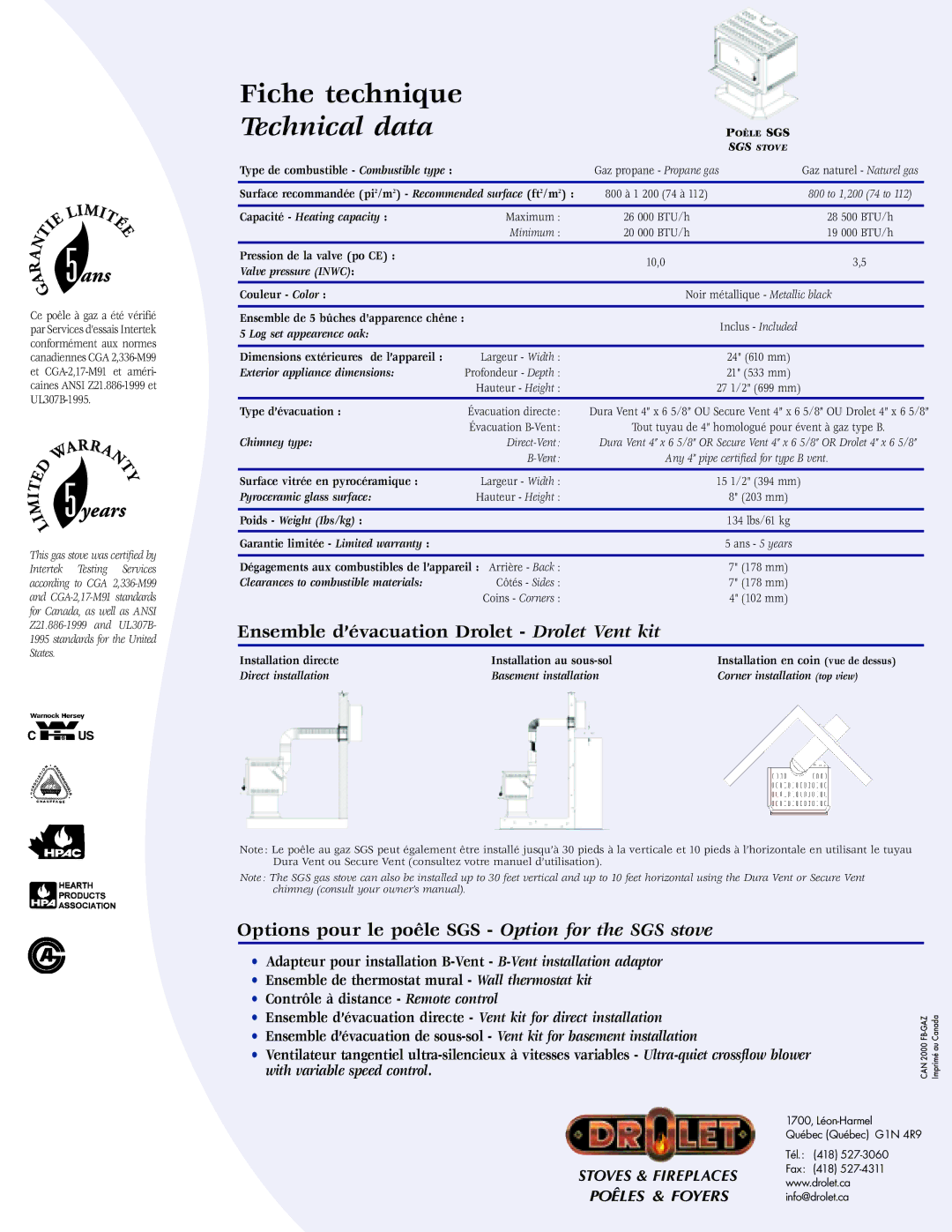 Drolet DG05450 manual Ensemble d’évacuation Drolet Drolet Vent kit, Options pour le poêle SGS Option for the SGS stove 