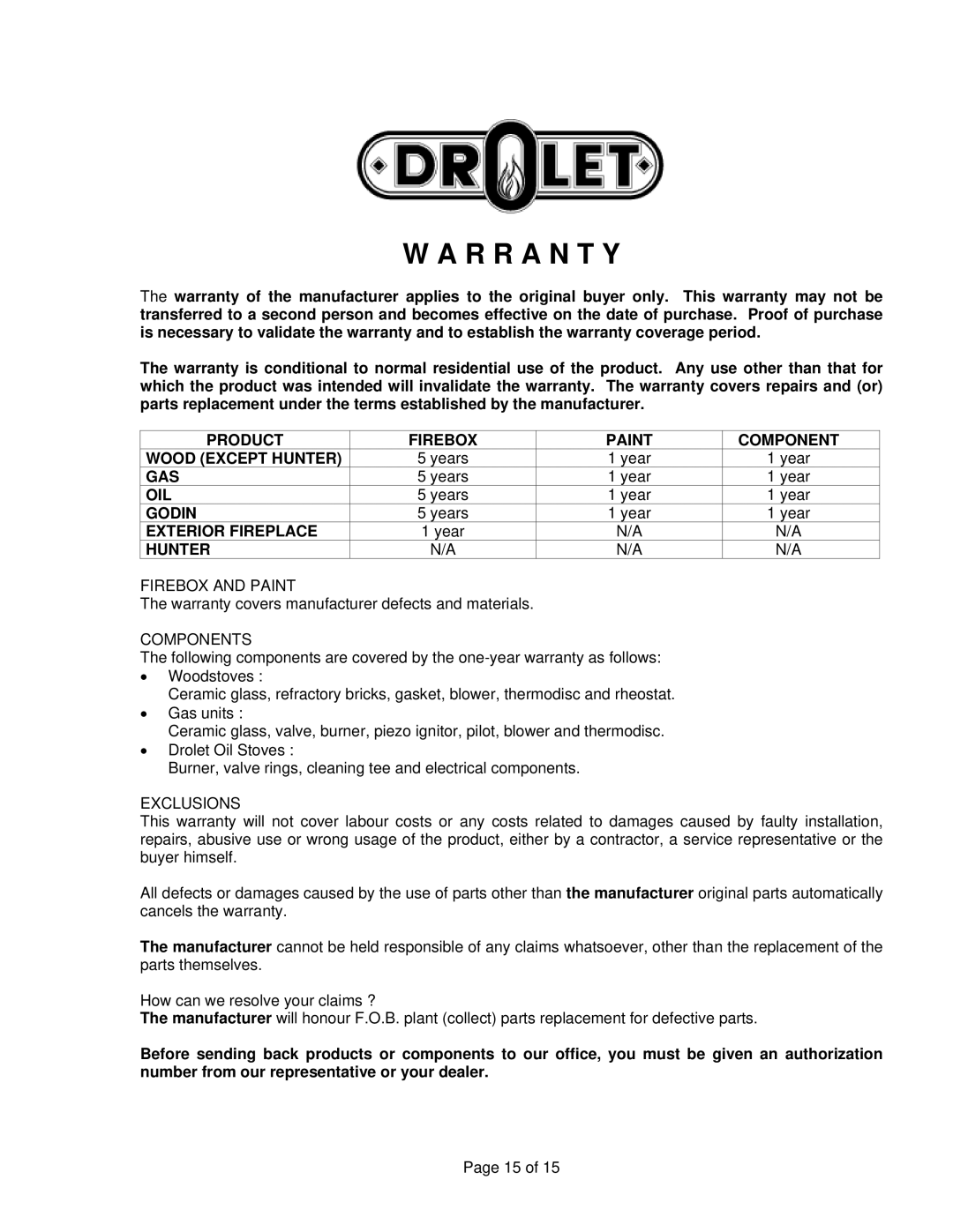 Drolet DH04200 owner manual R R a N T Y 