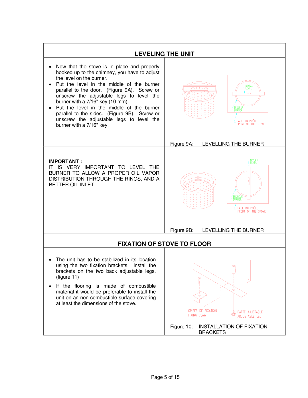 Drolet DH04200 owner manual Leveling the Unit, Fixation of Stove to Floor, Brackets 