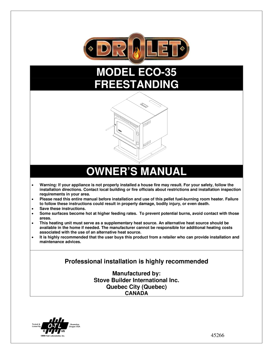 Drolet owner manual Model ECO-35 Freestanding, 45266 