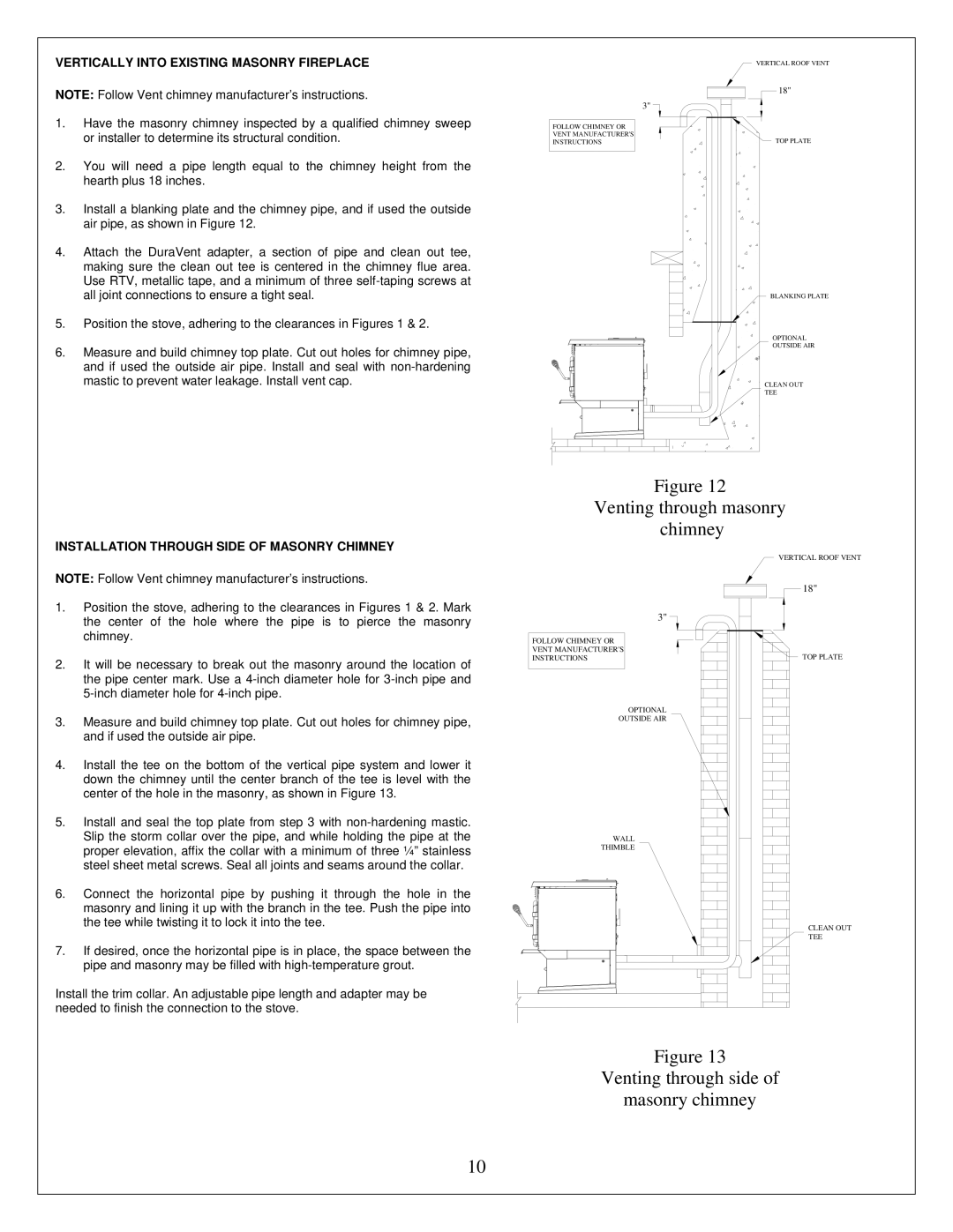 Drolet ECO-35 owner manual Venting through masonry chimney, Venting through side Masonry chimney 