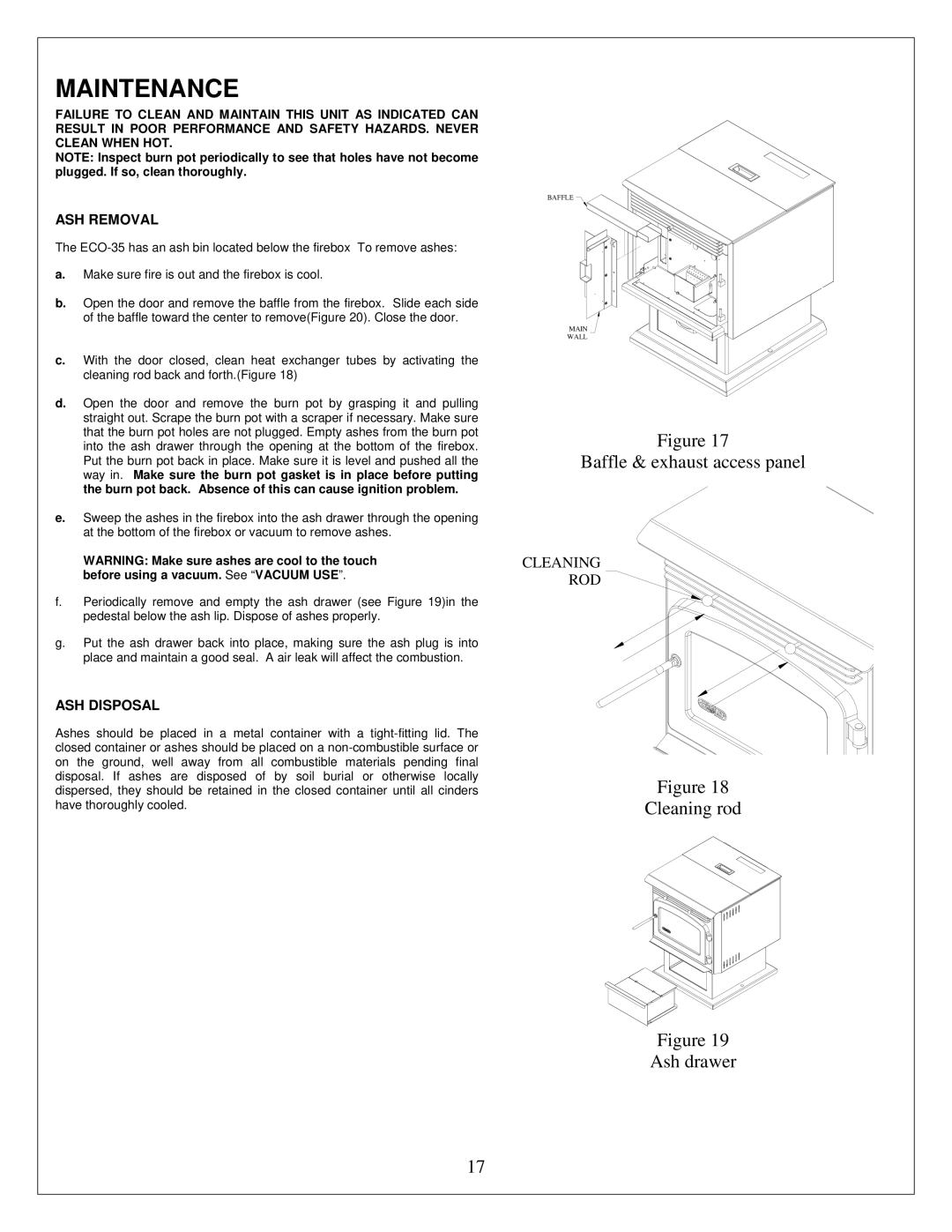 Drolet ECO-35 owner manual Maintenance, Baffle & exhaust access panel, Cleaning rod Ash drawer, ASH Removal, ASH Disposal 