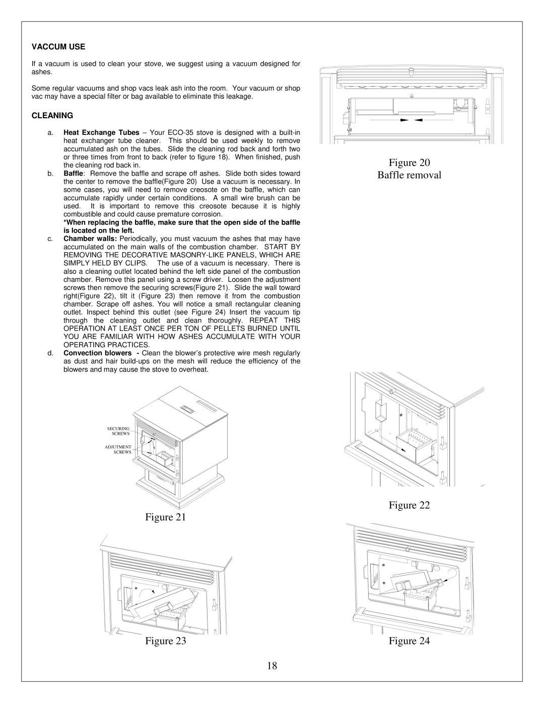 Drolet ECO-35 owner manual Baffle removal, Vaccum USE, Cleaning 