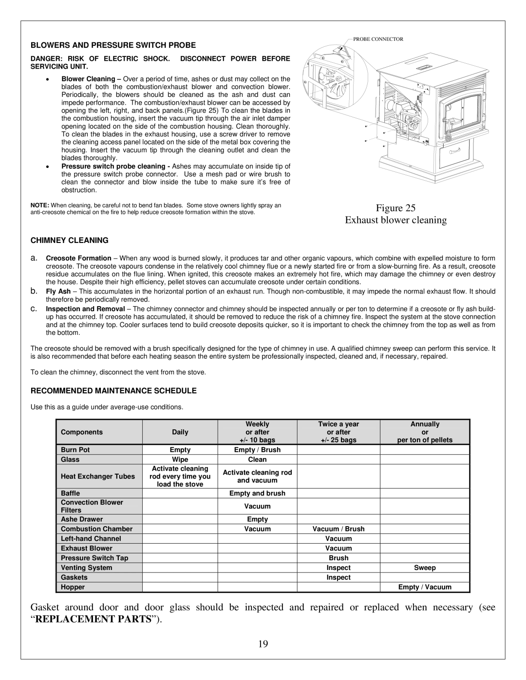 Drolet ECO-35 owner manual Exhaust blower cleaning, Blowers and Pressure Switch Probe, Chimney Cleaning 