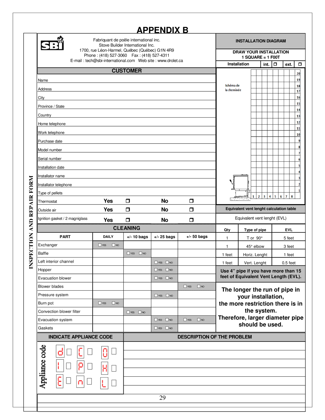 Drolet ECO-35 owner manual Appendix B, Indicate Appliance Code Description of the Problem 