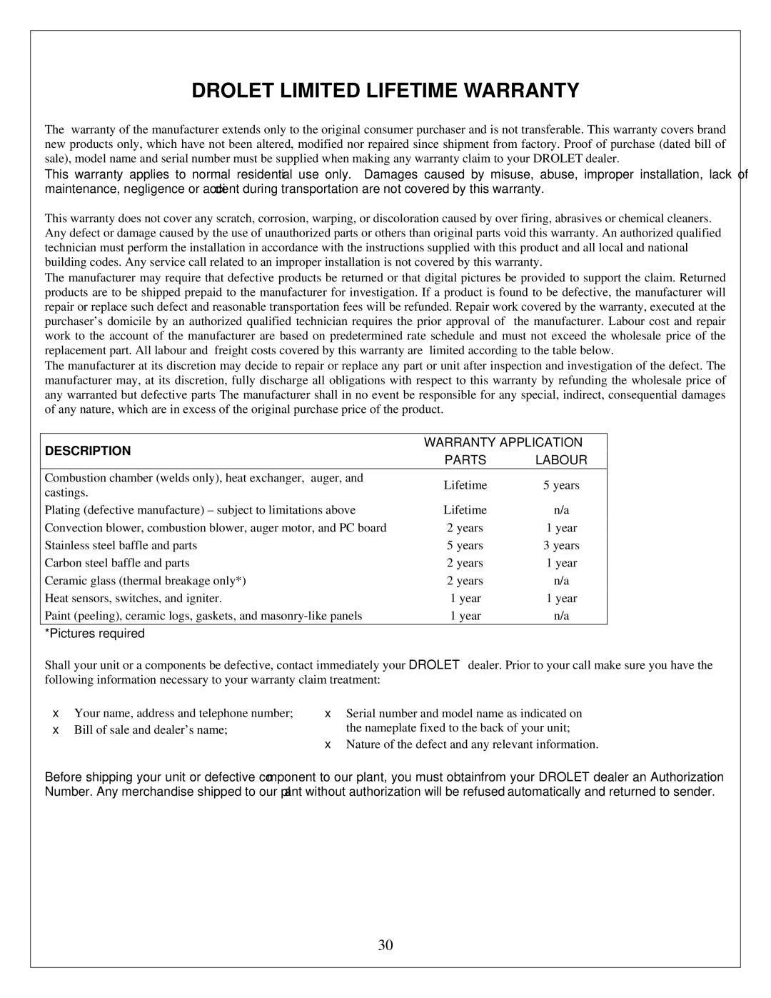 Drolet ECO-35 owner manual Drolet Limited Lifetime Warranty, Description 