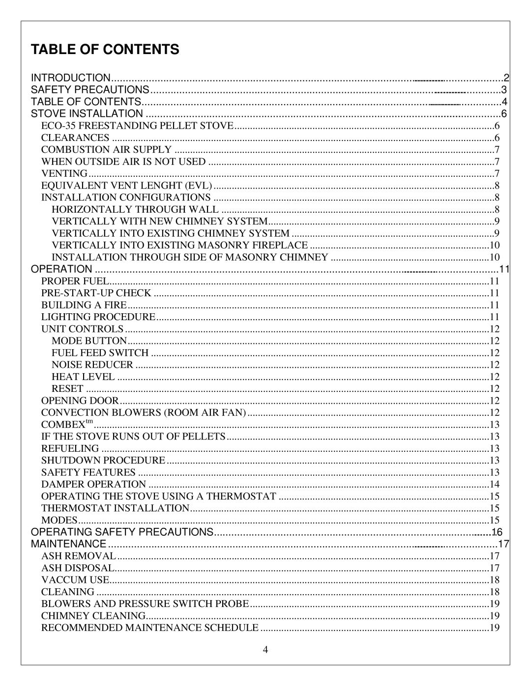 Drolet ECO-35 owner manual Table of Contents 