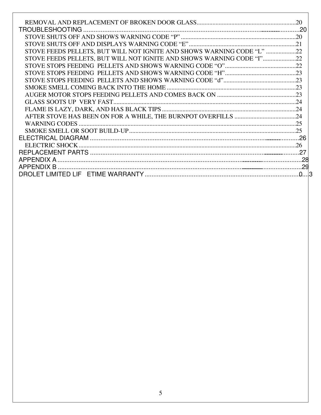 Drolet ECO-35 owner manual Troubleshooting, Stove Stops Feeding Pellets and Shows Warning Code d 