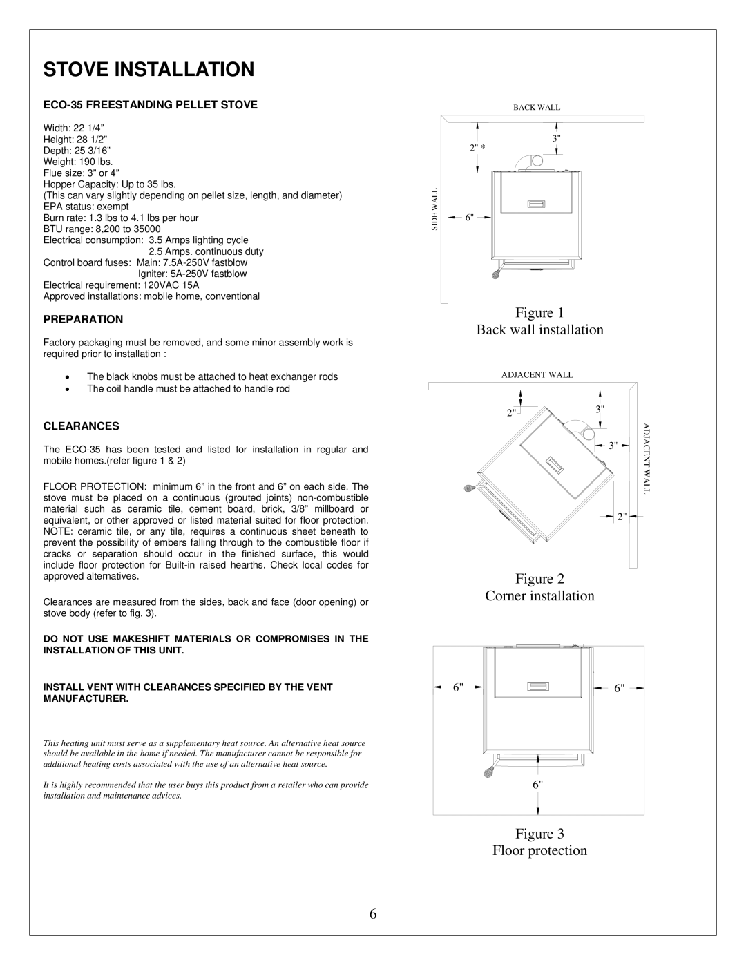 Drolet ECO-35 owner manual Stove Installation, Back wall installation, Corner installation Floor protection 