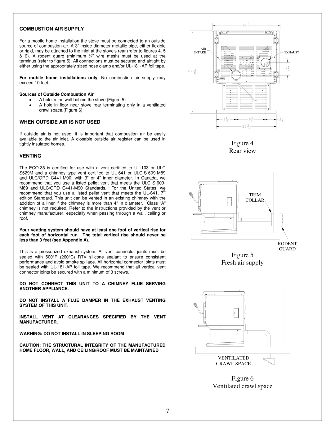 Drolet ECO-35 owner manual Rear view, Fresh air supply, Ventilated crawl space 