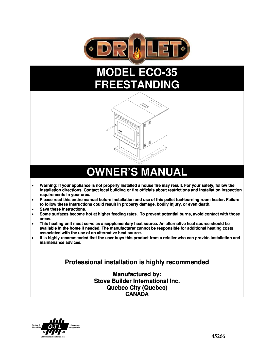 Drolet owner manual Canada, MODEL ECO-35 FREESTANDING OWNER’S MANUAL, Professional installation is highly recommended 