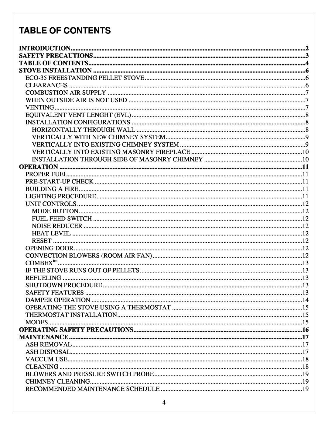 Drolet ECO-35 owner manual Table Of Contents, Operation, Operating Safety Precautions, Maintenance 