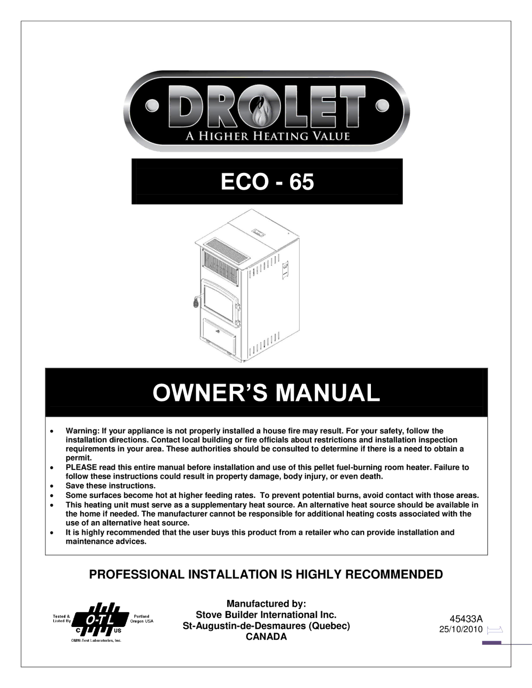 Drolet ECO-65 owner manual Canada, Stove Builder International Inc, 25/10/2010 