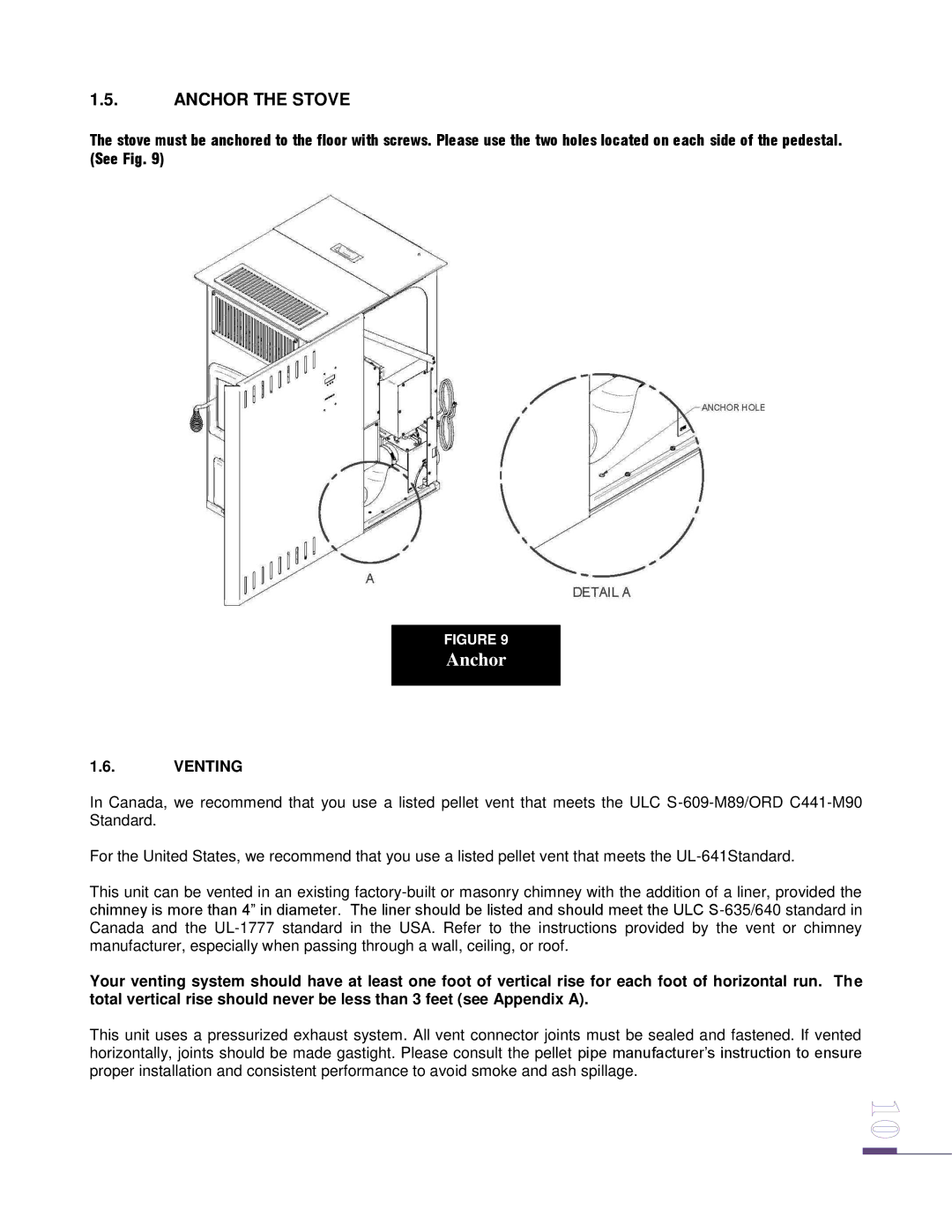 Drolet ECO-65 owner manual Anchor the Stove, Venting 