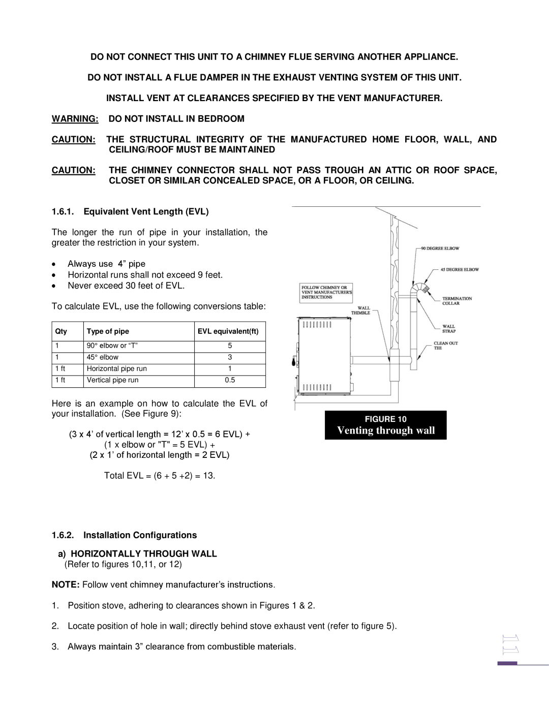 Drolet ECO-65 owner manual Venting through wall, Equivalent Vent Length EVL, Installation Configurations 