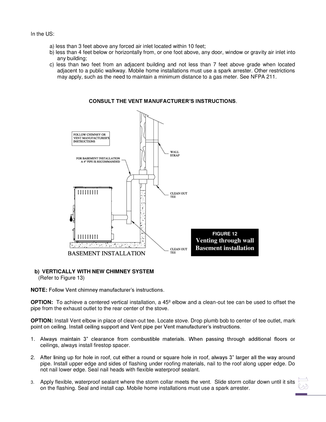 Drolet ECO-65 owner manual Venting through wall Basement installation, Consult the Vent MANUFACTURER’S Instructions 