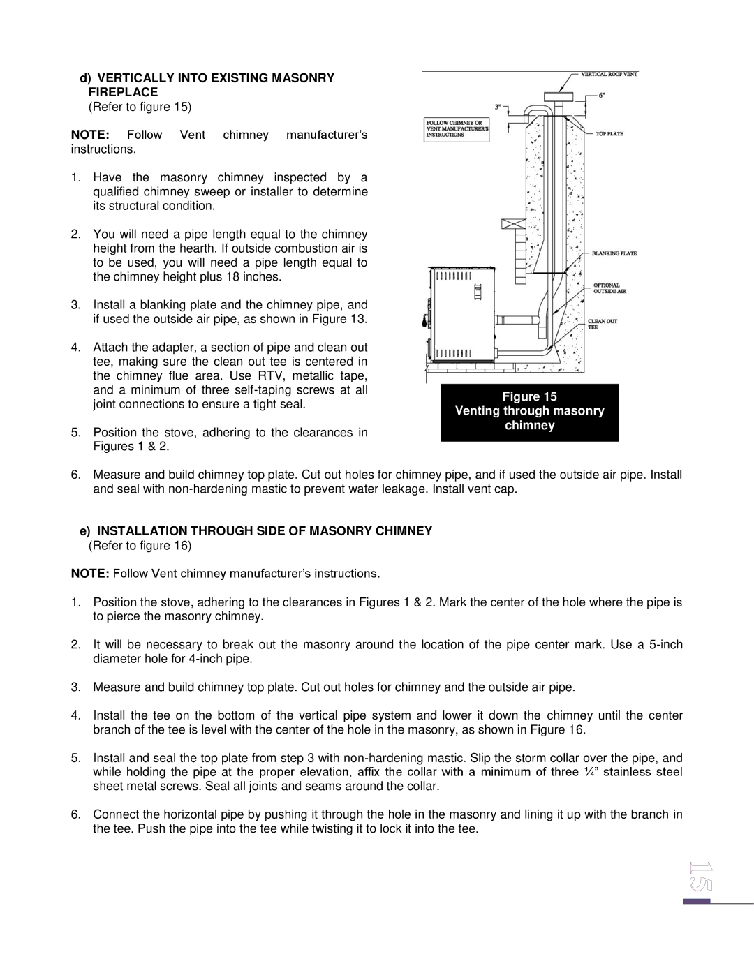 Drolet ECO-65 owner manual Vertically Into Existing Masonry Fireplace, Installation Through Side of Masonry Chimney 