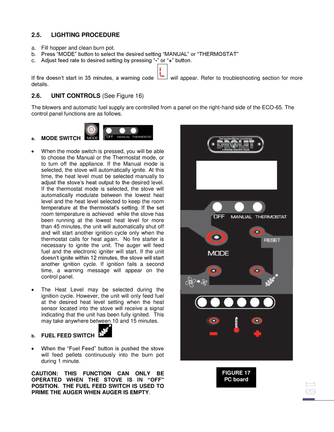 Drolet ECO-65 owner manual Lighting Procedure, Mode Switch, Fuel Feed Switch 