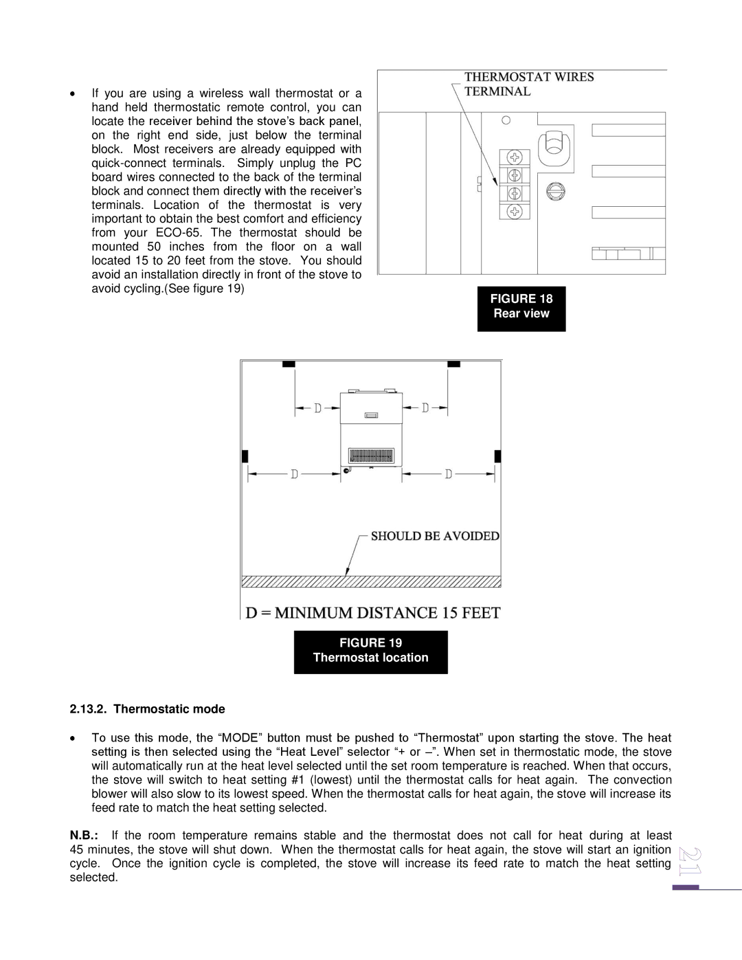 Drolet ECO-65 owner manual Thermostat location, Thermostatic mode 