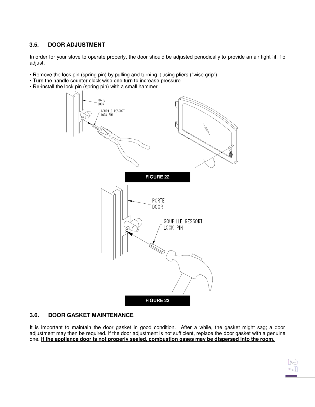 Drolet ECO-65 owner manual Door Adjustment, Door Gasket Maintenance 