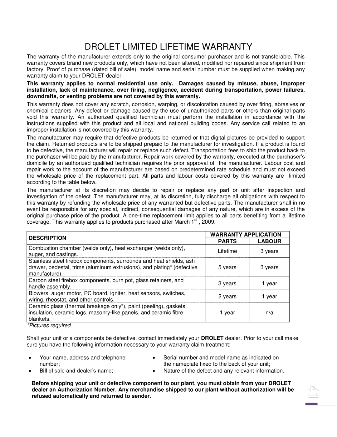 Drolet ECO-65 owner manual Drolet Limited Lifetime Warranty, Description Warranty Application Parts Labour 