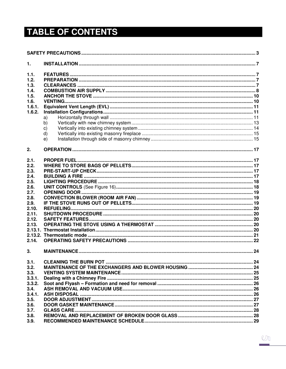 Drolet ECO-65 owner manual Table of Contents 