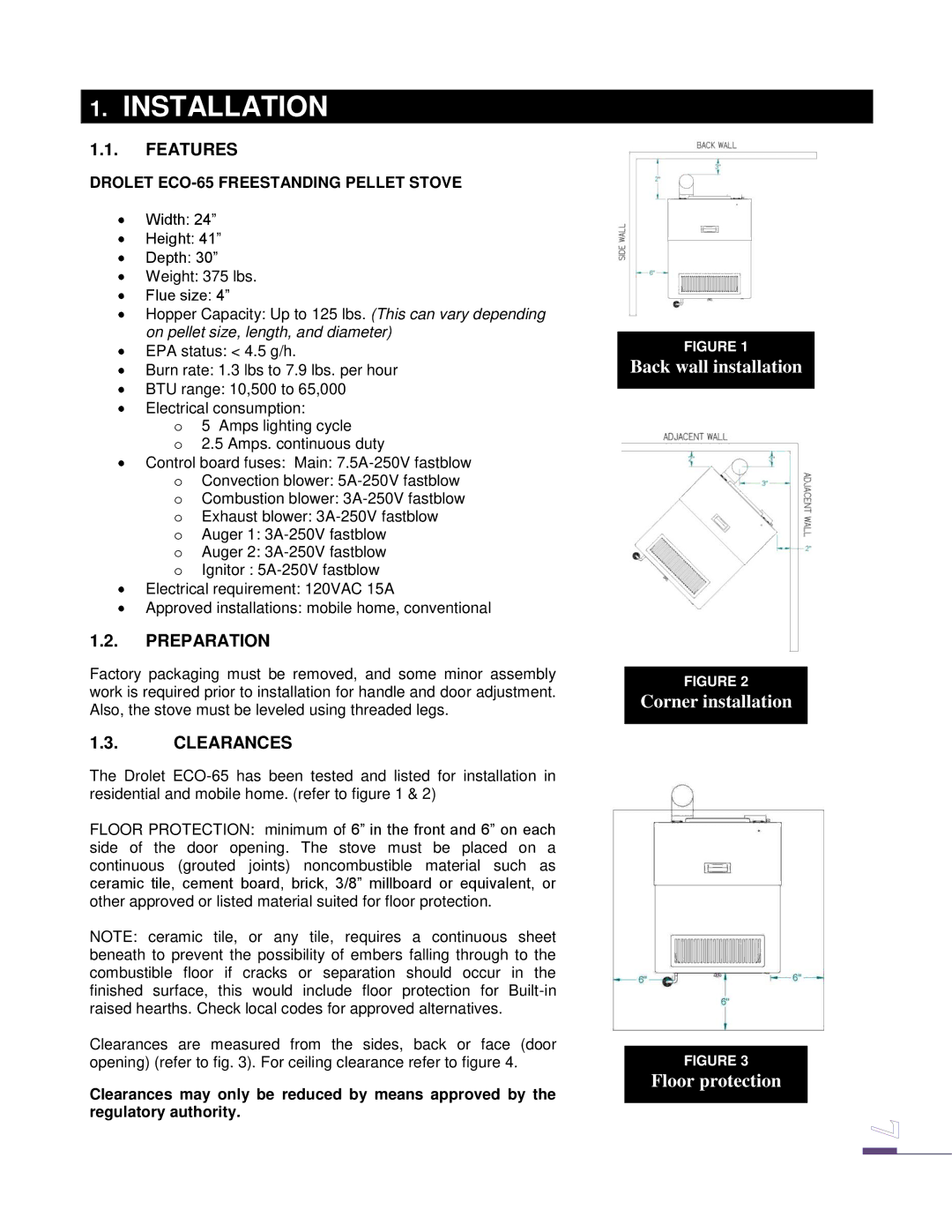 Drolet ECO-65 Installation, Back wall installation Corner installation Floor protection, Features, Preparation, Clearances 