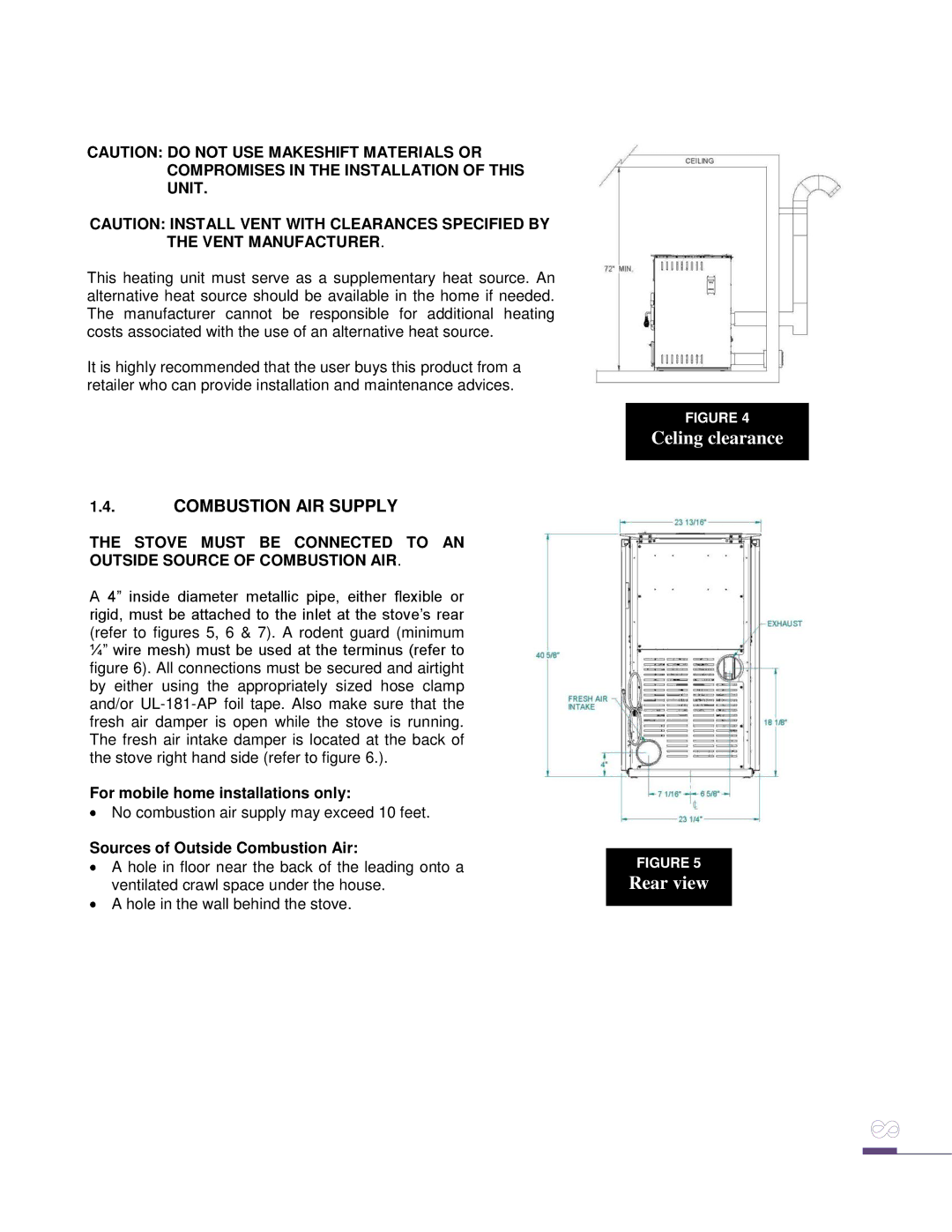 Drolet ECO-65 owner manual Celing clearance Rear view, Combustion AIR Supply, For mobile home installations only 