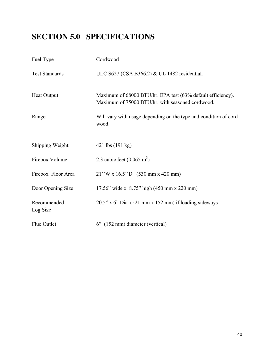 Drolet ESCAPE 1800 owner manual Section Specifications 