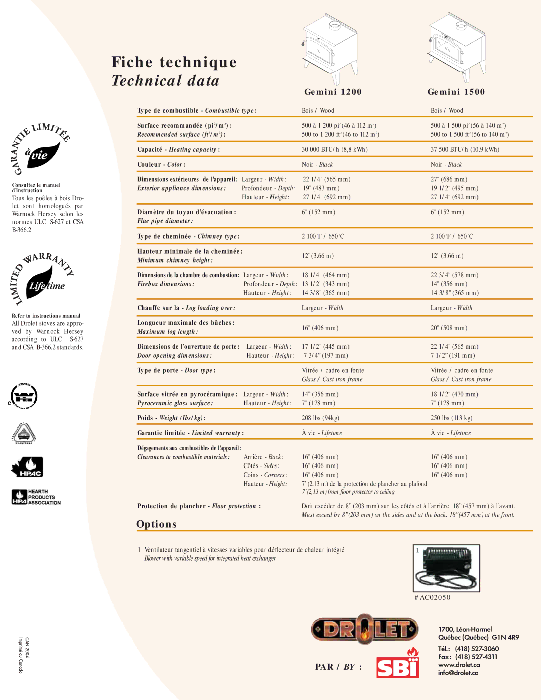 Drolet Gemini 1200, gemini 1500 manual Recommended surface ft 2/m, Capacité Heating capacity, Exterior appliance dimensions 