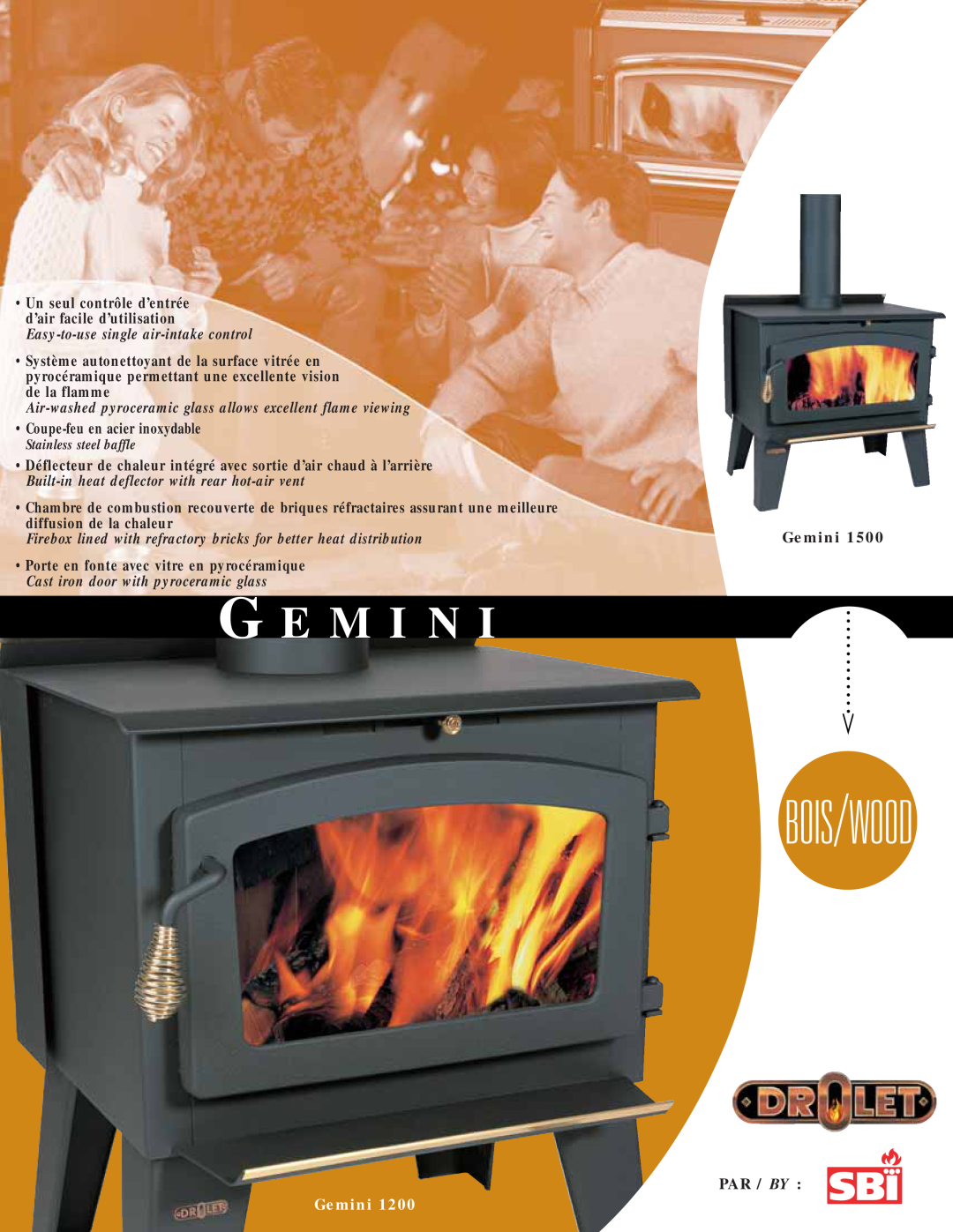 Drolet gemini 1500 manual Par / By, G E M I N, Air-washed pyroceramic glass allows excellent flame viewing, Gemini 