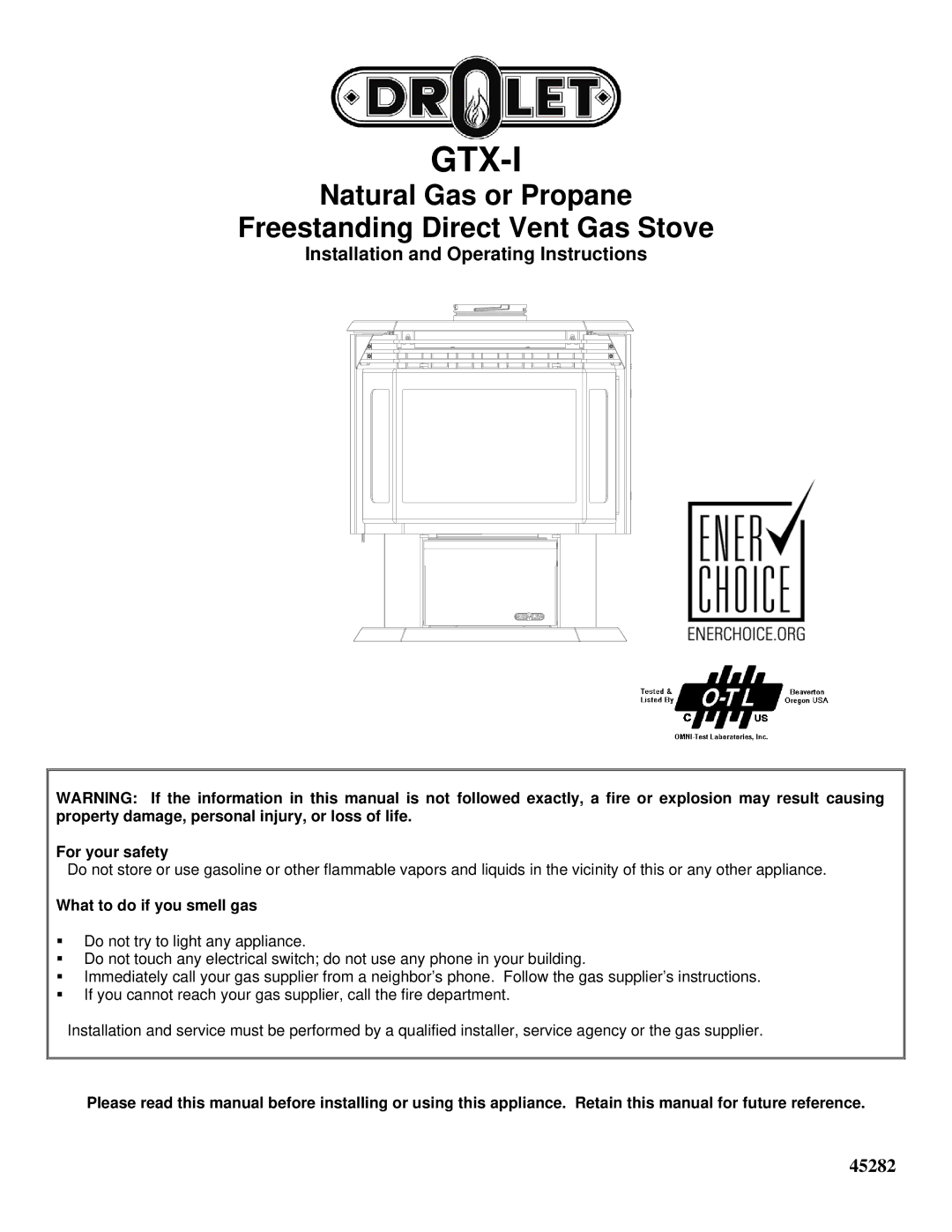 Drolet GTX-I manual Gtx-I, Installation and Operating Instructions 