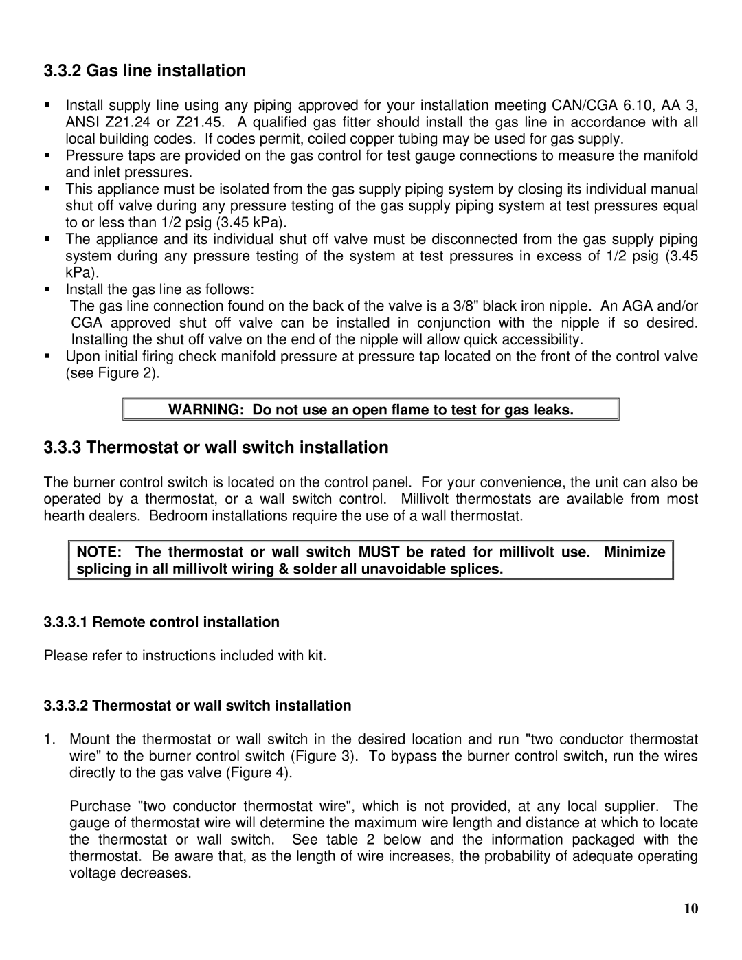 Drolet GTX-I manual Gas line installation, Thermostat or wall switch installation, Remote control installation 