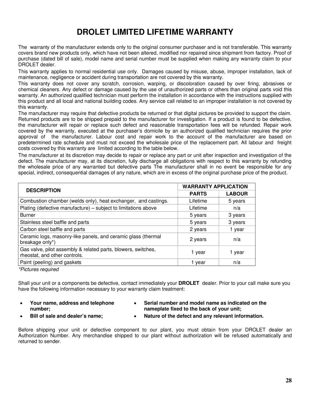 Drolet GTX-I manual Drolet Limited Lifetime Warranty, Description 