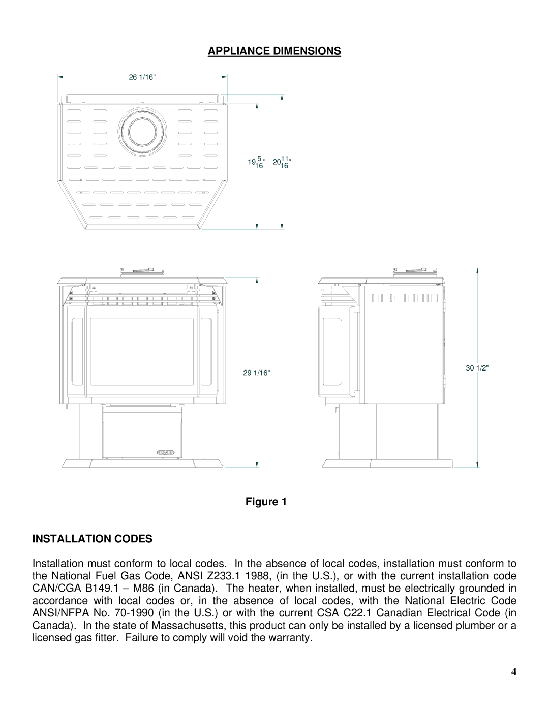 Drolet GTX-I manual Appliance Dimensions, Installation Codes 