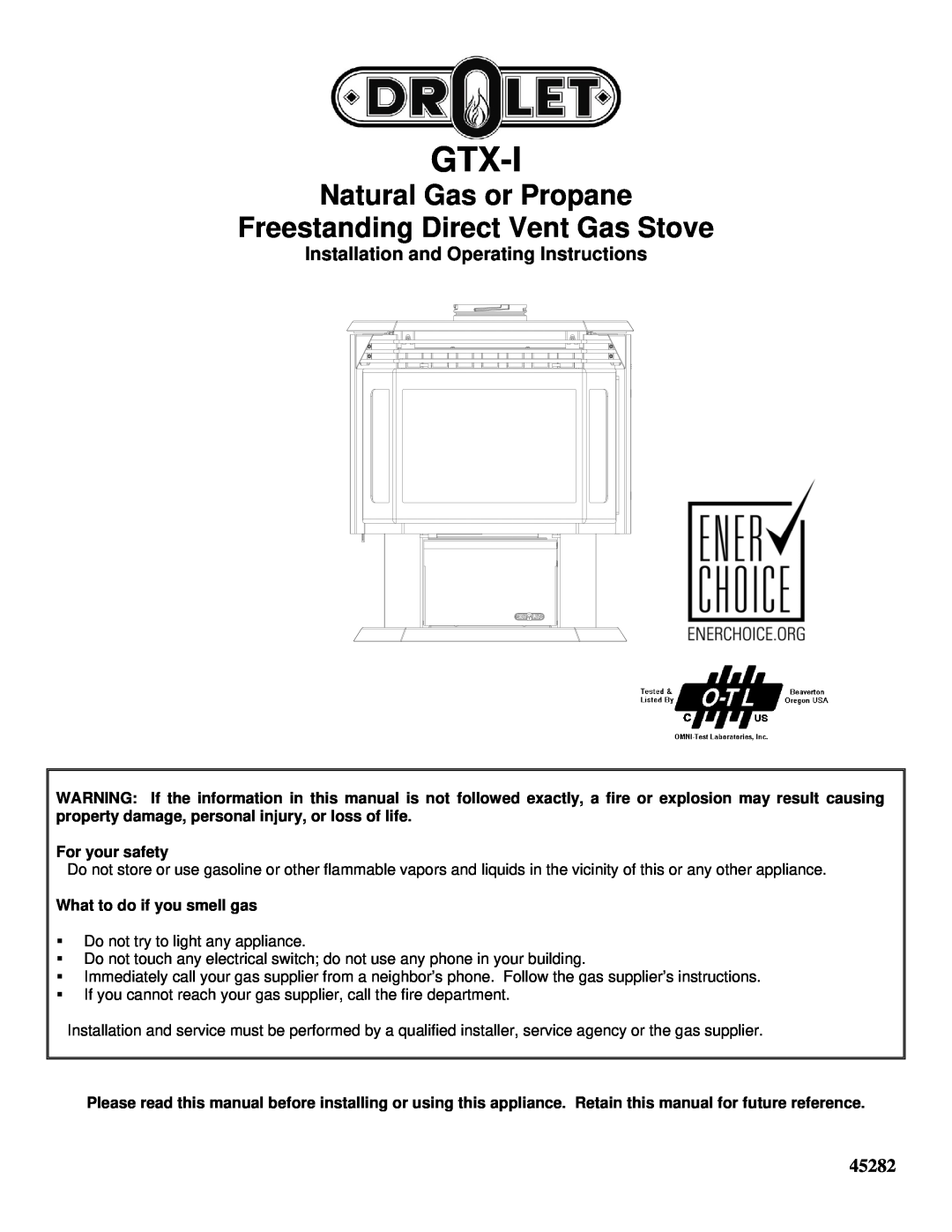 Drolet GTX-I manual Installation and Operating Instructions, 45282, Gtx-I 