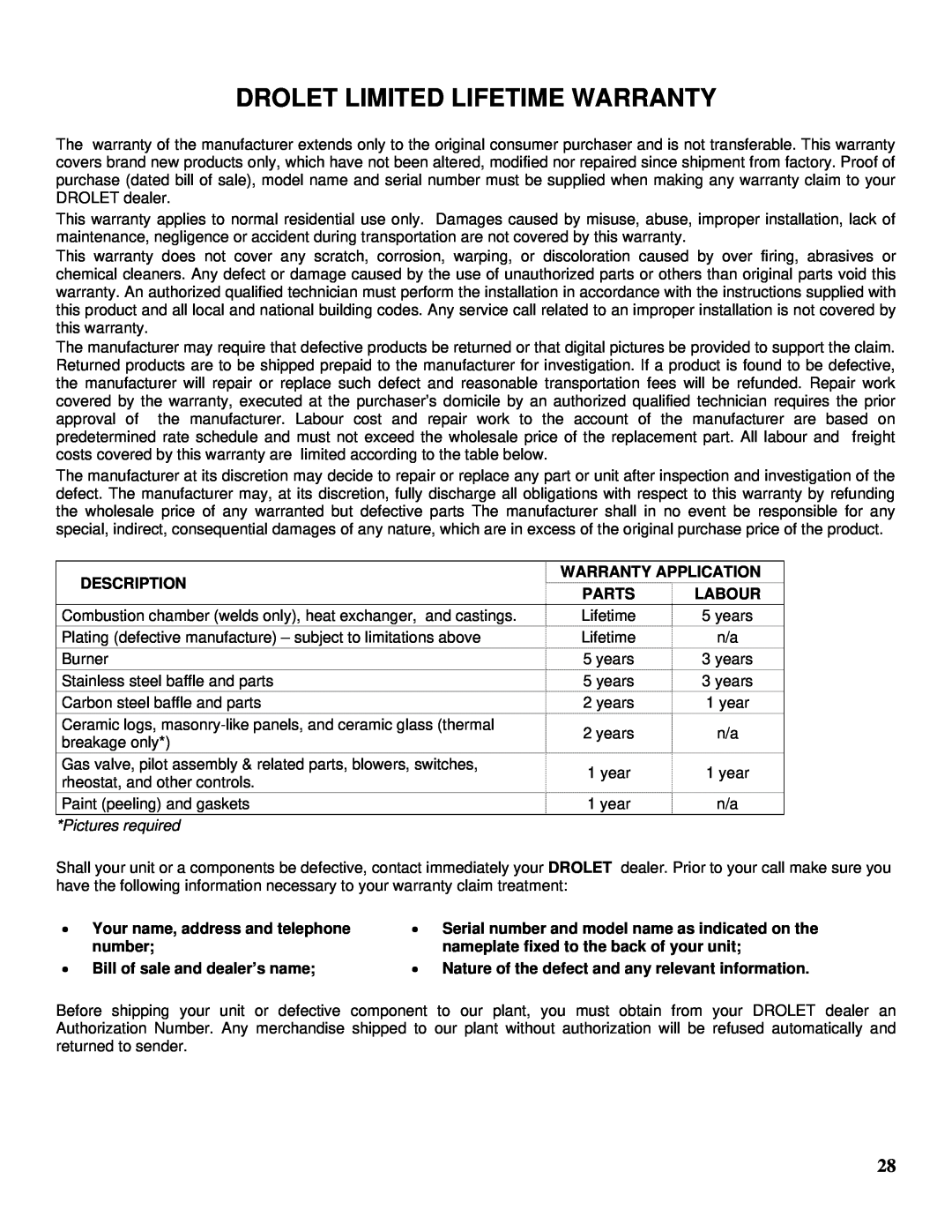 Drolet GTX-I manual Drolet Limited Lifetime Warranty, Description, Warranty Application Parts Labour, number 