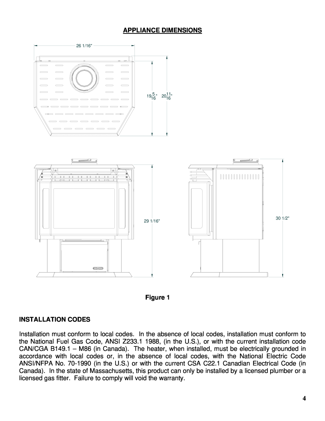 Drolet GTX-I manual Appliance Dimensions, Installation Codes, 26 1/16 19165, 30 1/2 