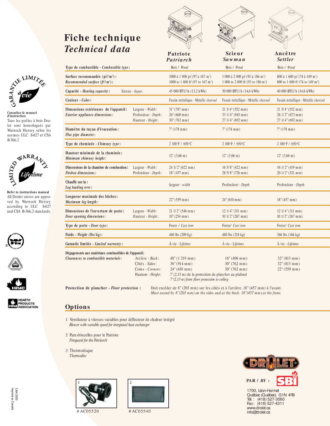 Drolet Heavy-duty Controlled-Combustion Stove manual Capacité Heating capacity, Flue pipe diameter, Minimum chimney height 