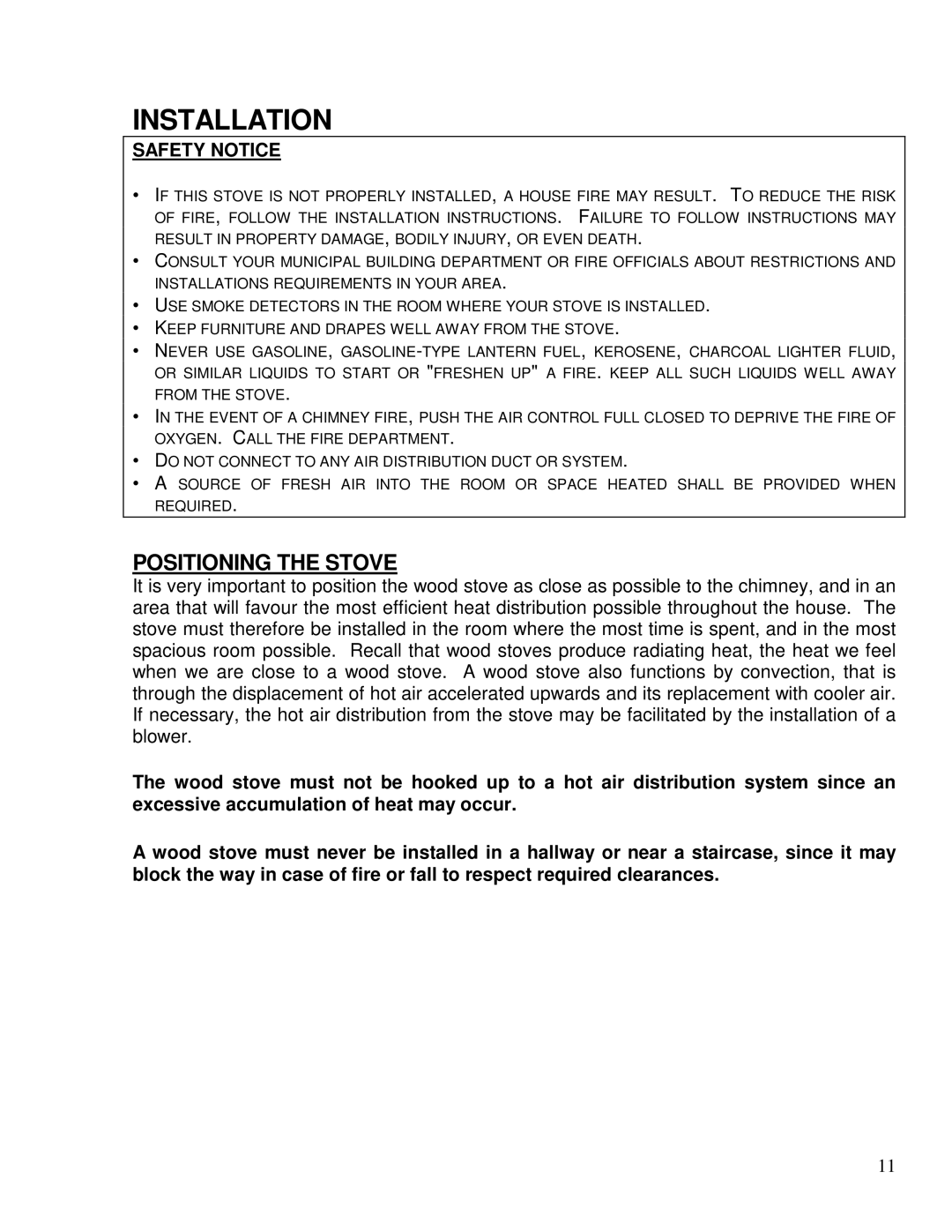 Drolet HT-2000, HT-1600 owner manual Installation, Positioning the Stove 