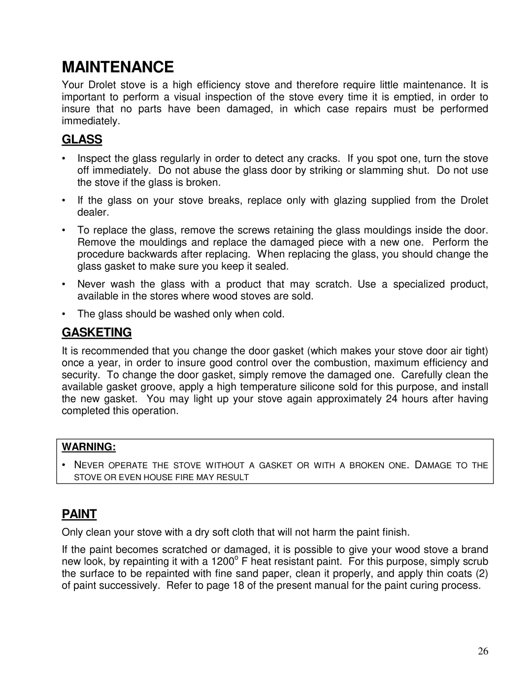 Drolet HT-1600, HT-2000 owner manual Maintenance, Glass, Gasketing, Paint 