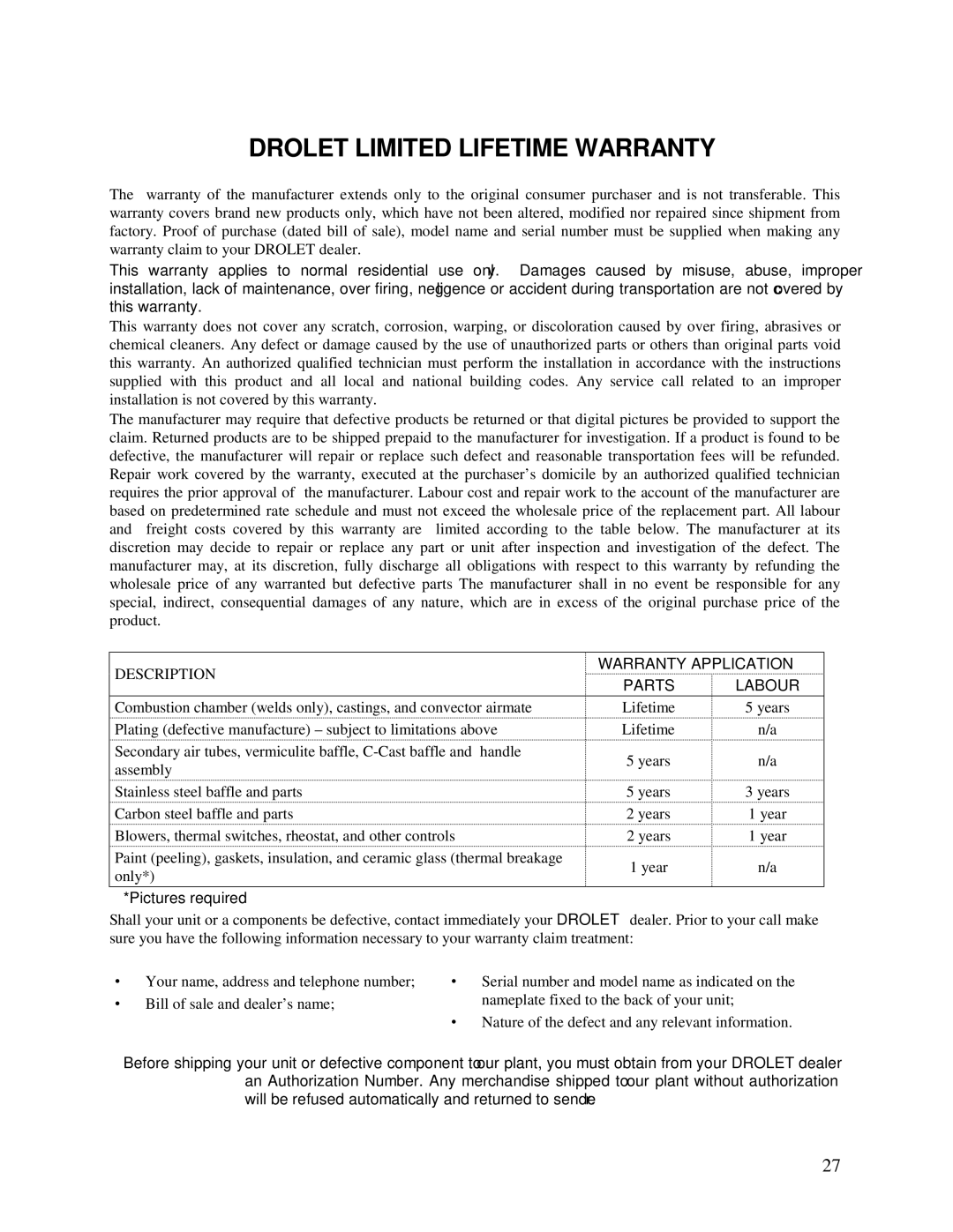 Drolet HT-2000, HT-1600 owner manual Drolet Limited Lifetime Warranty 