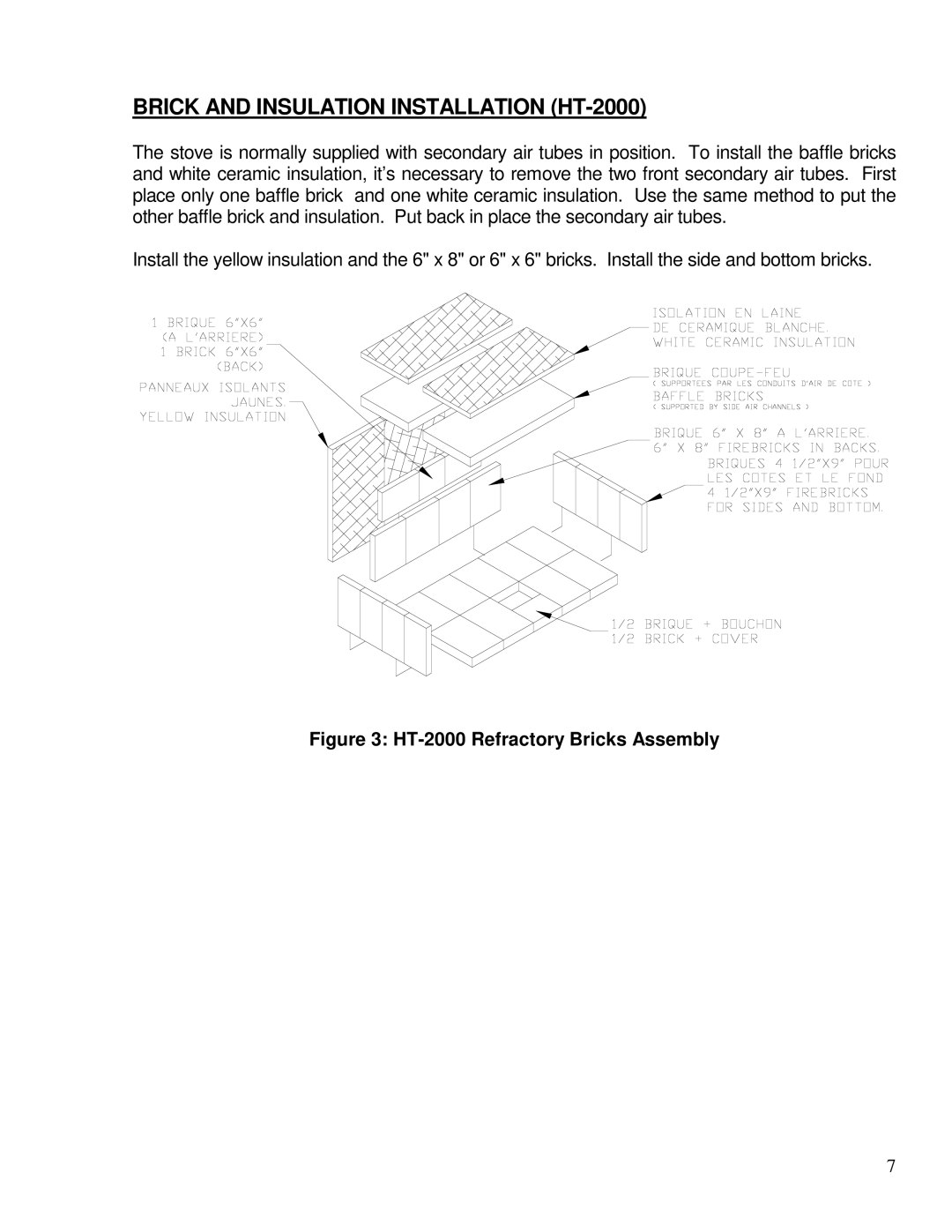 Drolet HT-1600 owner manual Brick and Insulation Installation HT-2000, HT-2000 Refractory Bricks Assembly 