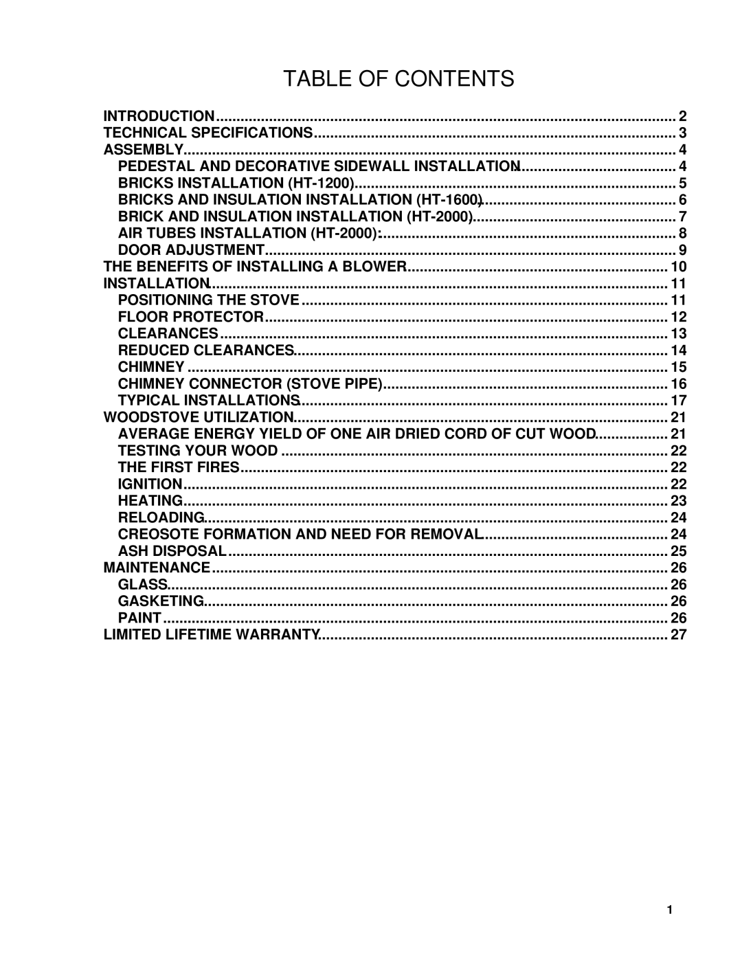 Drolet HT2000, HT1600, HT1200 owner manual Table of Contents 