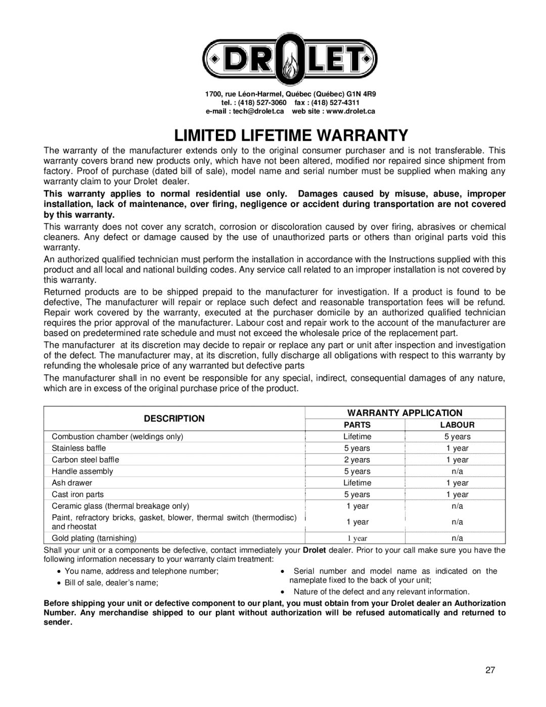 Drolet HT1200, HT1600, HT2000 owner manual Limited Lifetime Warranty, Description Warranty Application 