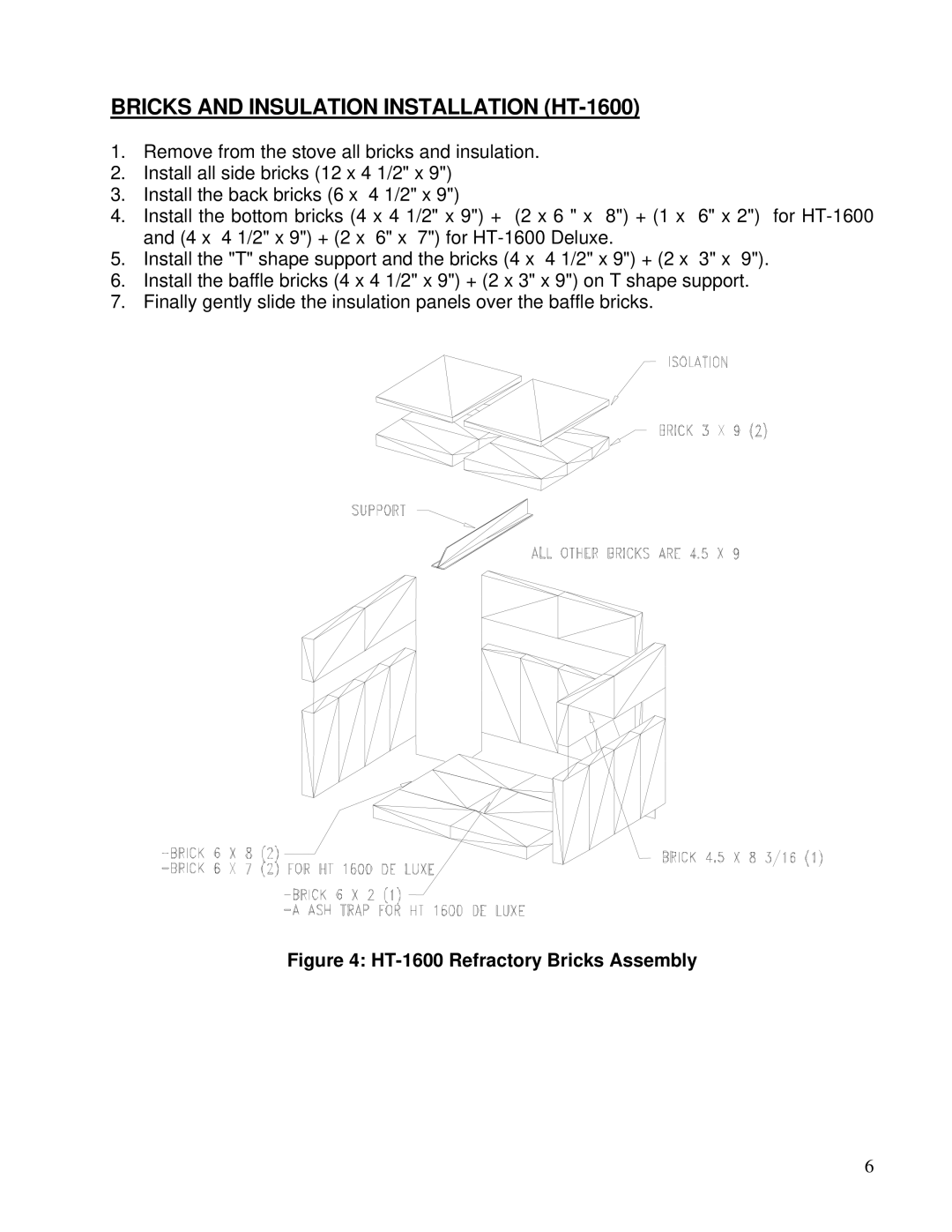 Drolet HT1200, HT1600, HT2000 owner manual Bricks and Insulation Installation HT-1600, HT-1600 Refractory Bricks Assembly 