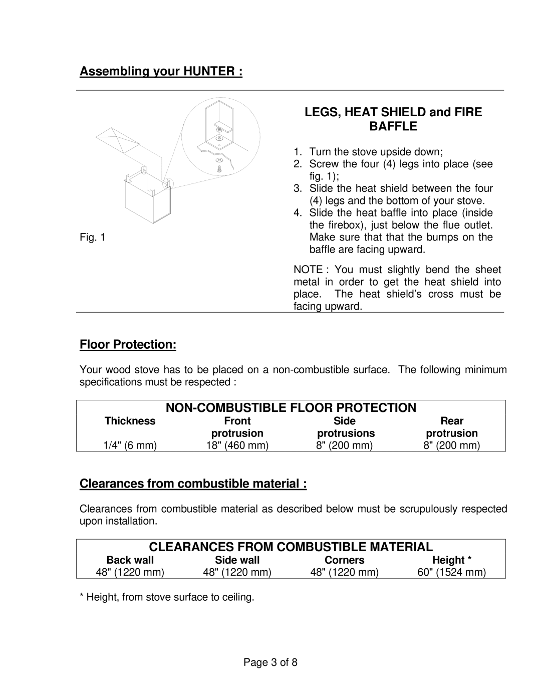 Drolet Hunter Wood Stove owner manual Assembling your Hunter LEGS, Heat Shield and Fire, Floor Protection 