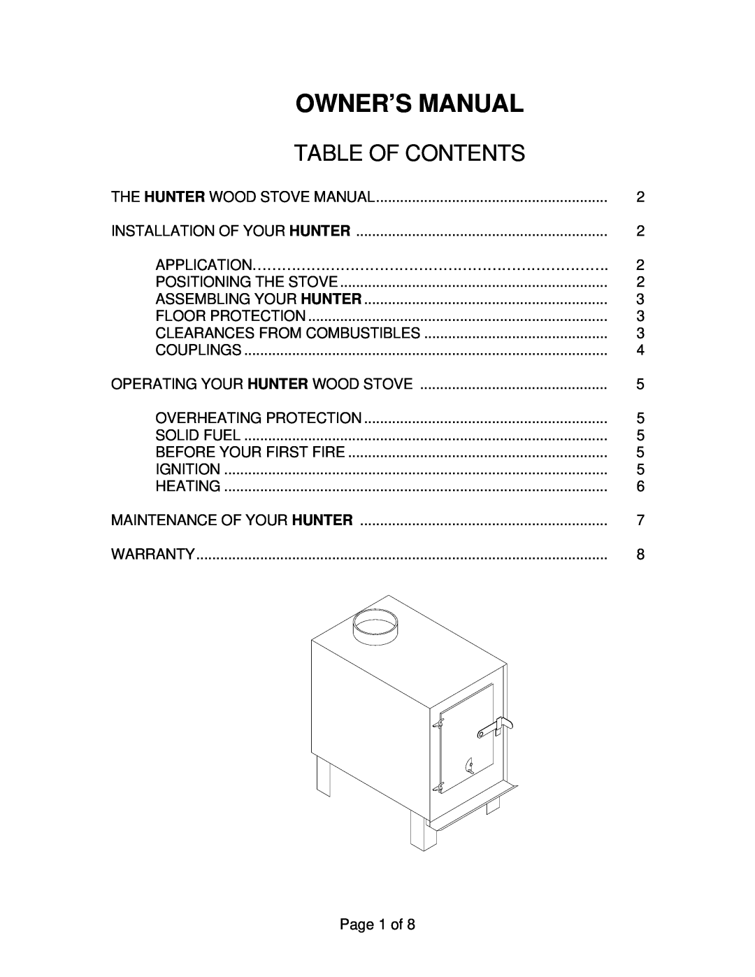 Drolet Hunter Wood Stove owner manual Table Of Contents 