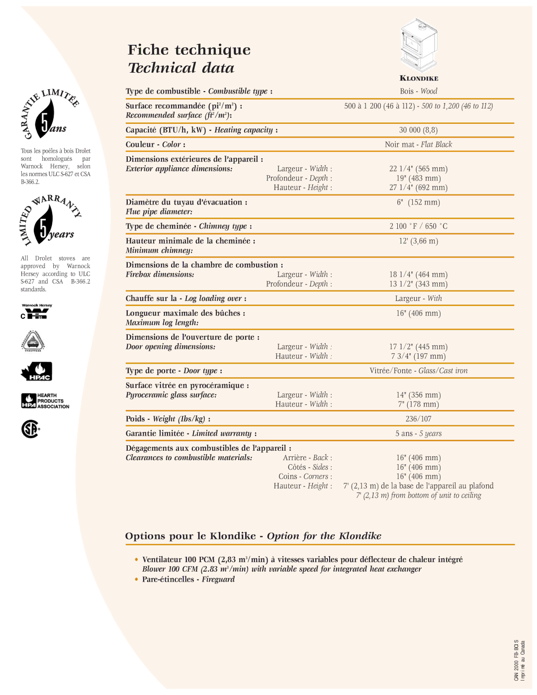 Drolet manual Technical data, Options pour le Klondike Option for the Klondike 